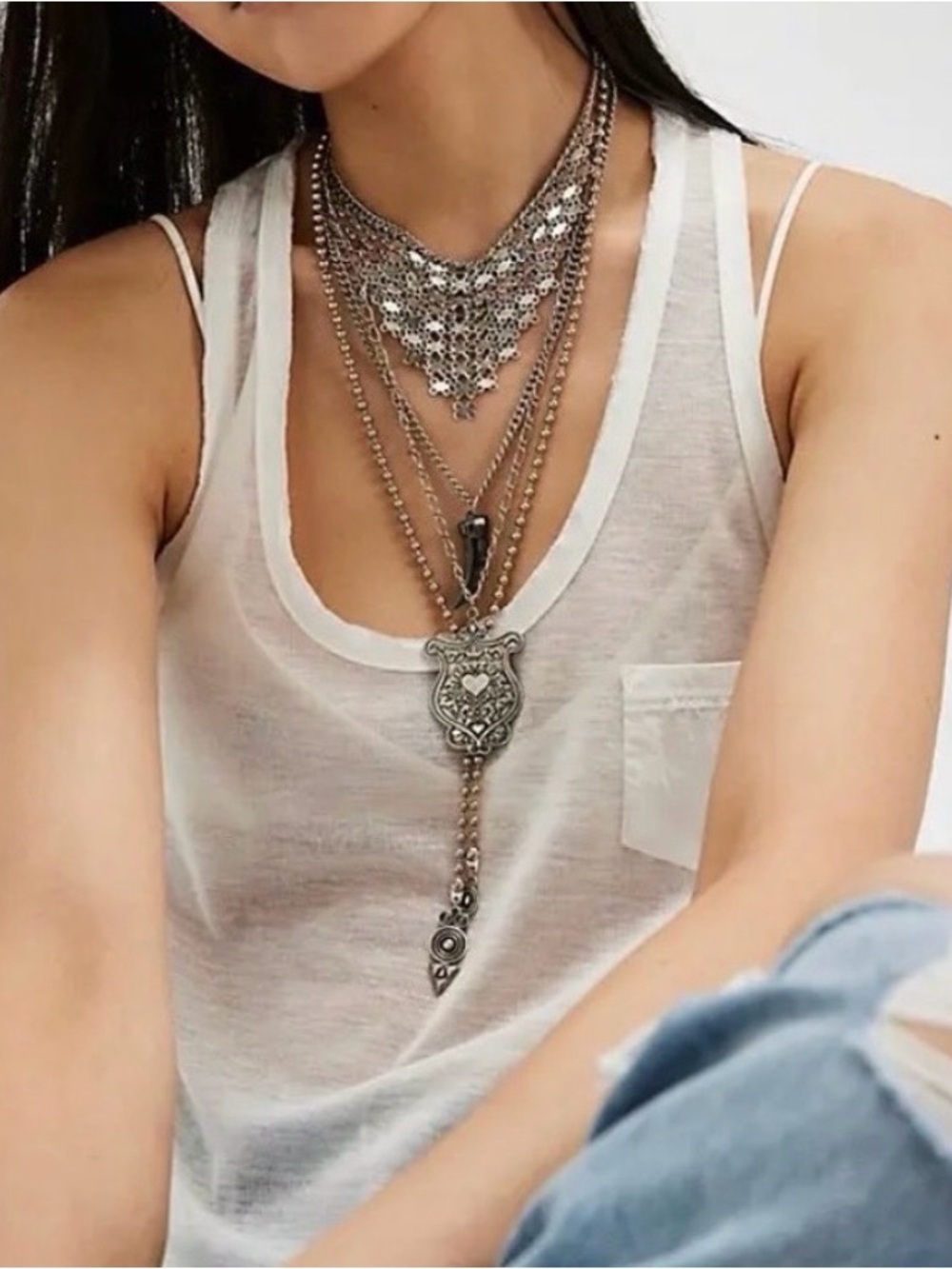 Free People Sage Extreme Layer Silver Toned Pendants Adjustable Necklace NWT